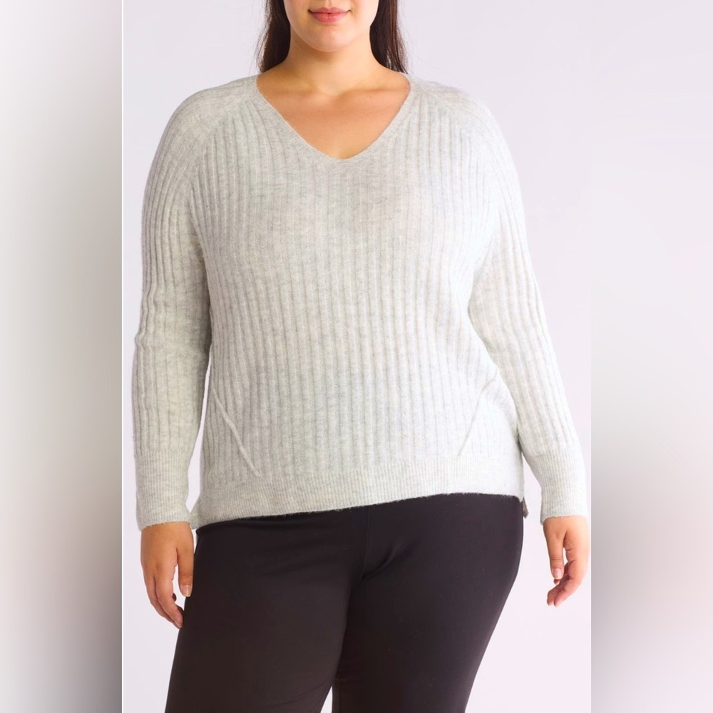 Vince Camuto Women's V-Neck Ribbed Sweater Lightweight Heather Gray